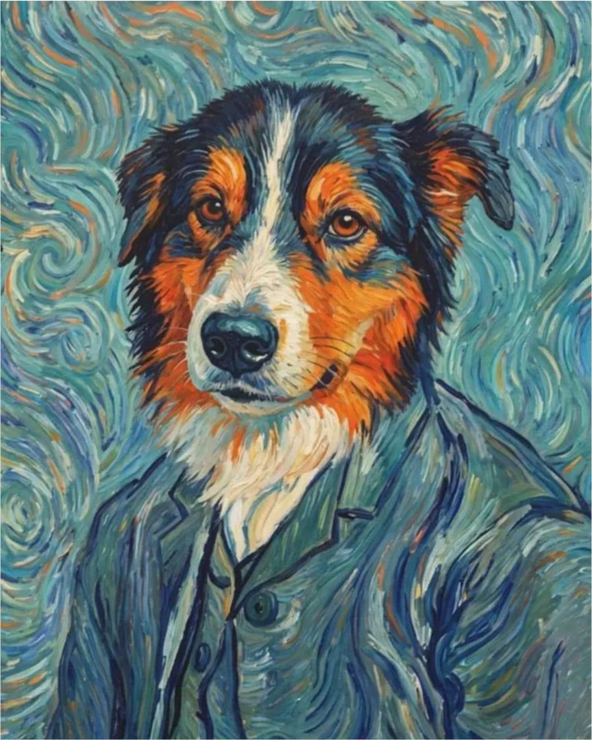 The bare artwork file: a Van Gogh-style oil portrait of a border collie in a blue jacket against swirling sky.