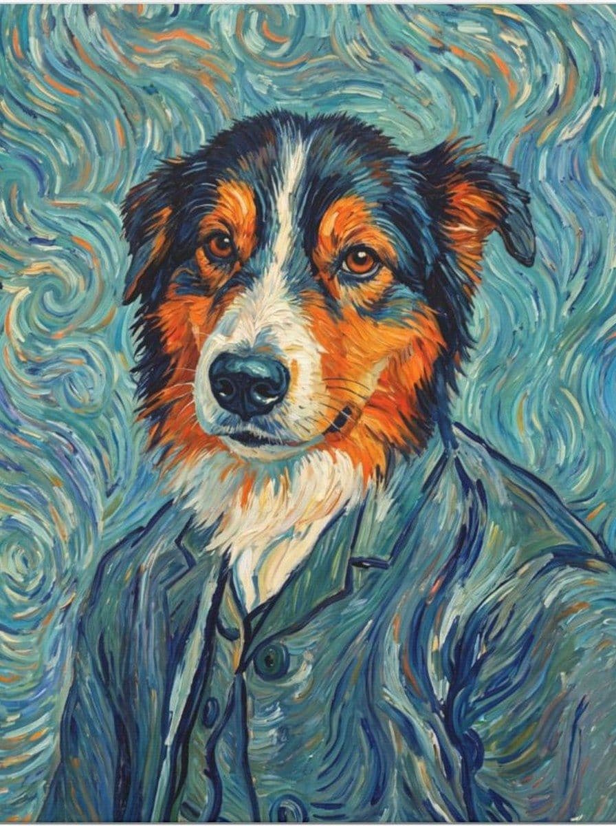 A dog painted into a Van Gogh self-portrait, in a swirling turquoise style