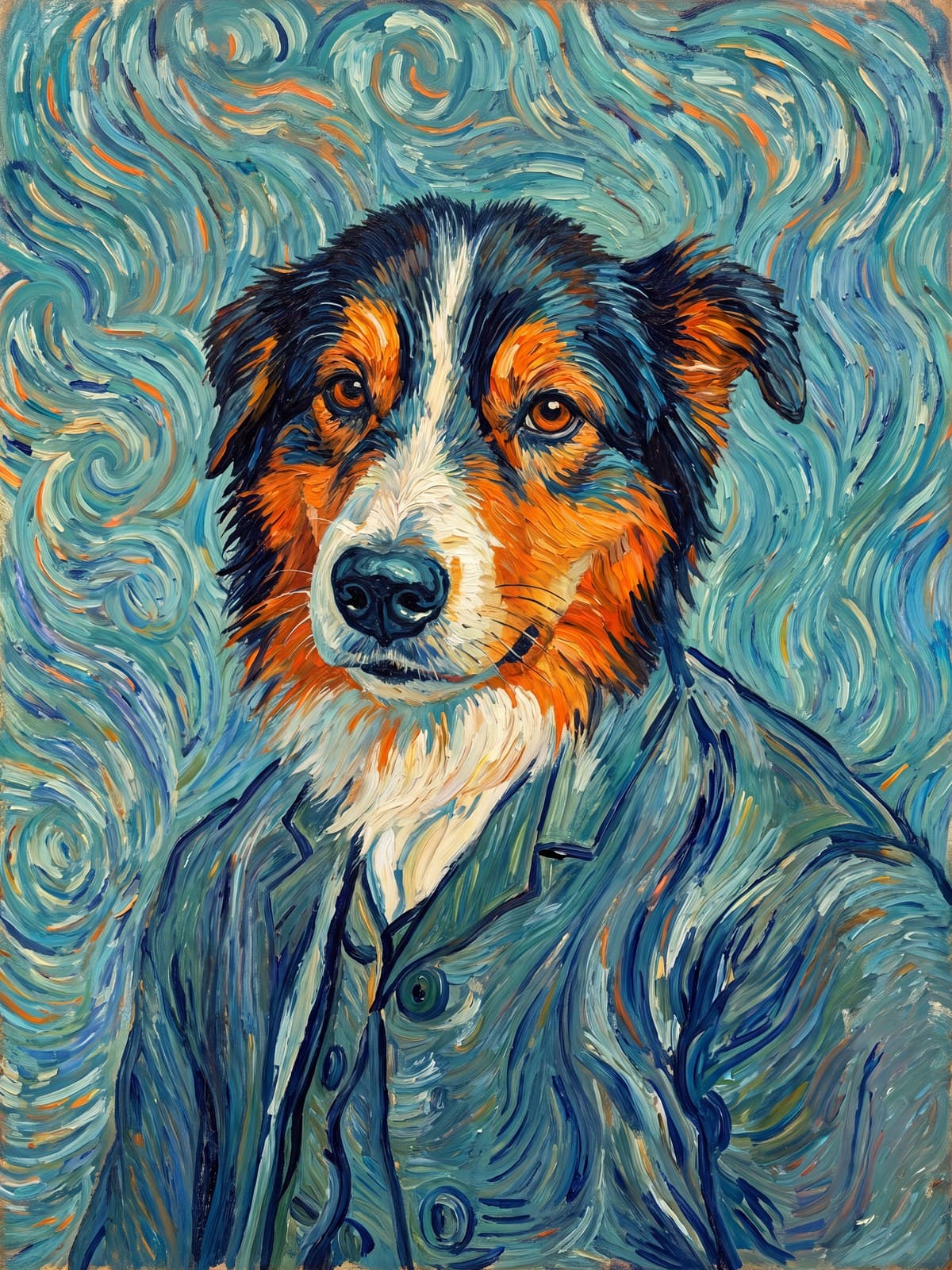 A Van Gogh-style portrait of an Australian shepherd in a blue-green jacket against swirling turquoise.